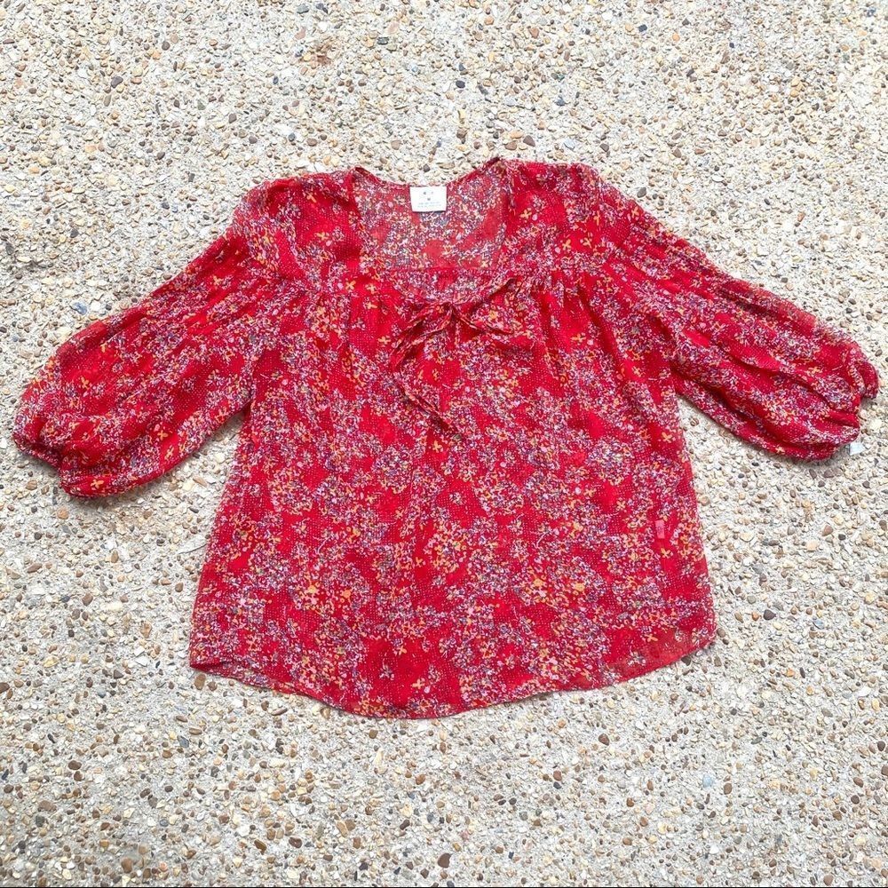 Anthro Pins and Needles Red Floral Semi-Sheer Peasant Tie Top Size M